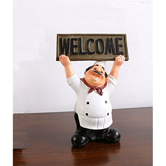 KiaoTime 15016C Italian Chef Figurines Kitchen Decor with Welcome Sign Board Plaque Home Kitchen Restaurant Decor 8"