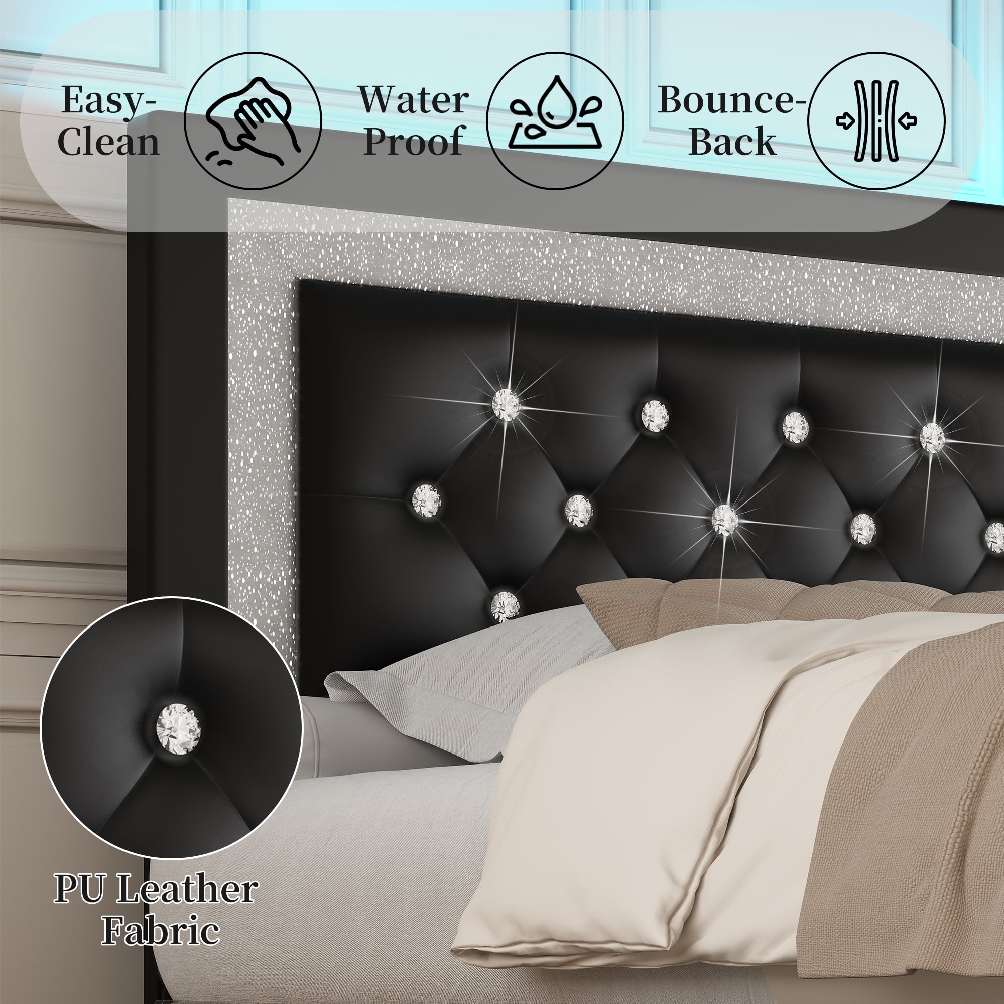 SIBEDS Queen Upholstered Bed Frame with Adjustable Headboard and LED Lights, Black PU Tufted Diamond Button, No Box Spring Needed, Noise Free