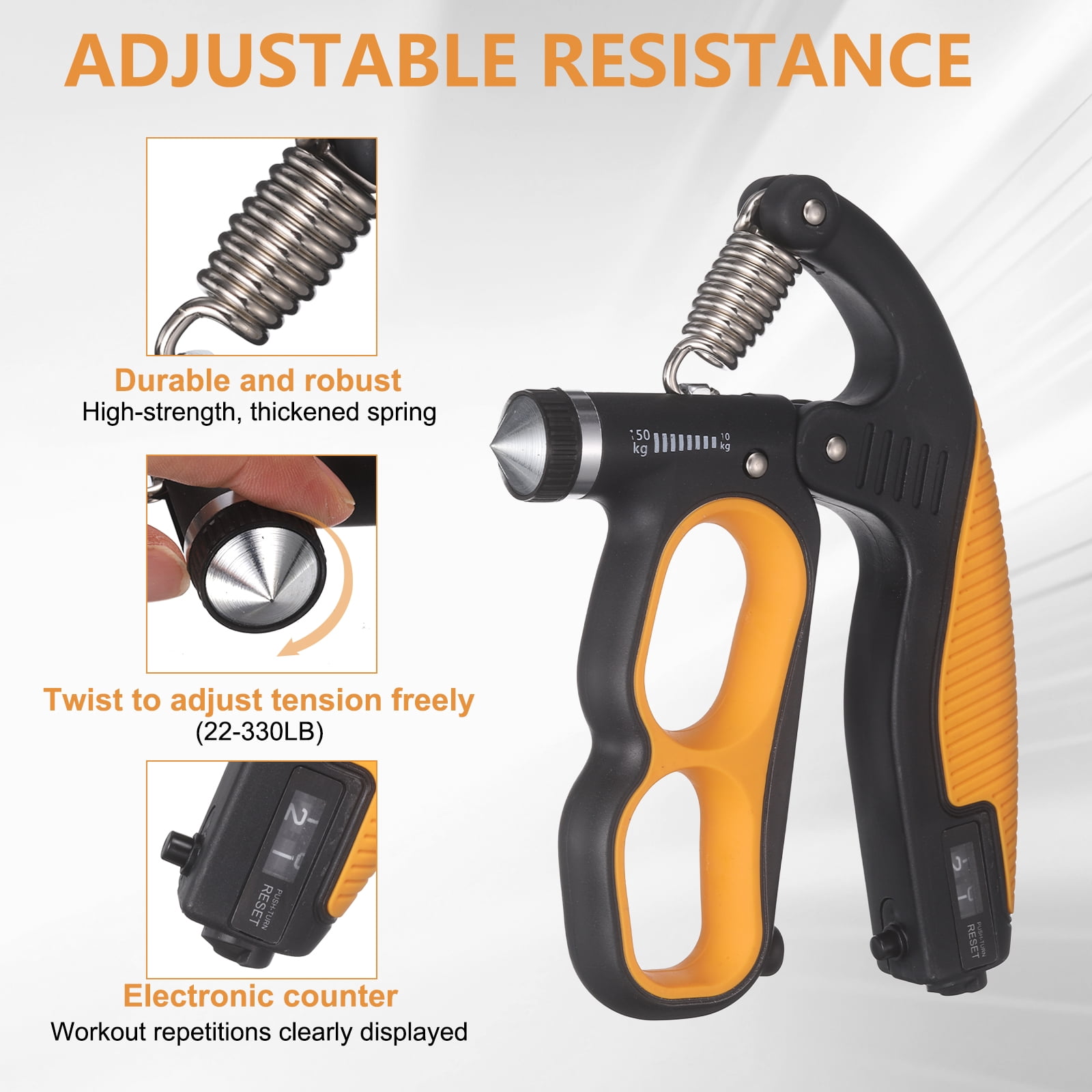 Hand Gripper Strengthener, Forearm Exerciser Resistance Grip Strength Trainer with Adjustable Resistance 22-330Lbs for Recovery Muscle Building & Fitness Workout, Orange