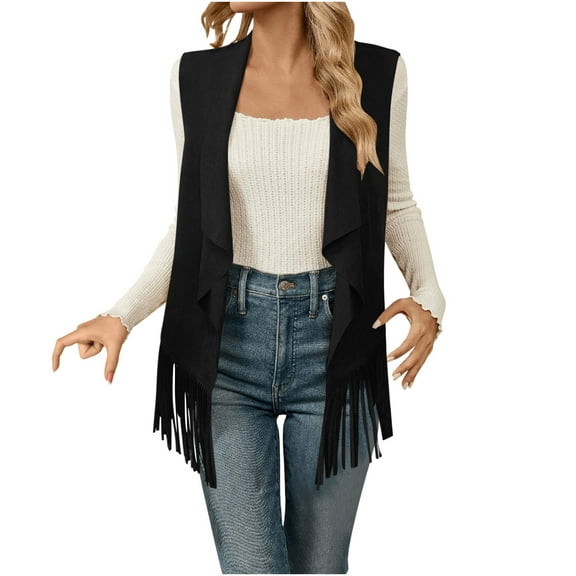 Lcziwo Womens Fringe Vest Western Ethnic Cowgirl Tassel Tops Faux Suede Drape Open Front Cardigan 2025 Black,M