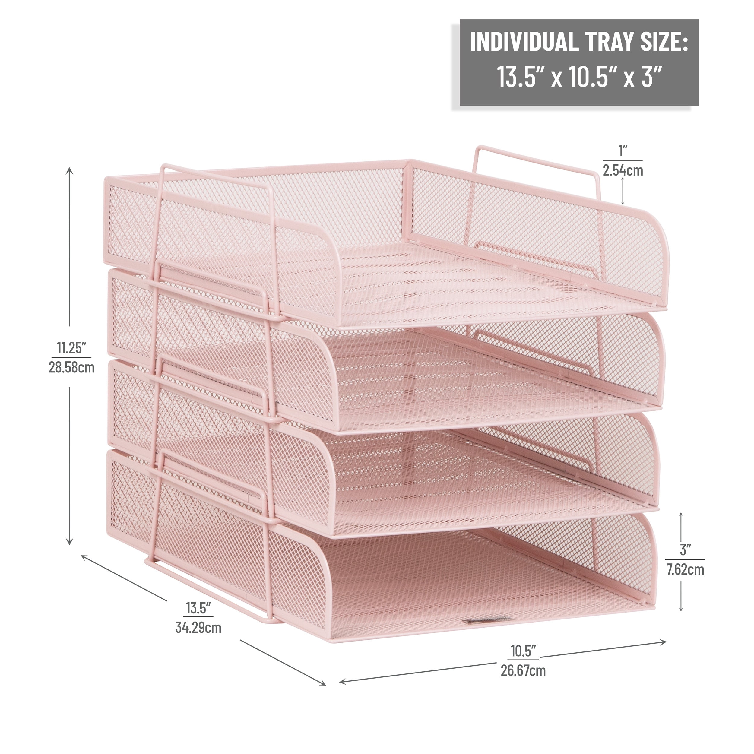 Mind Reader Stackable Paper Tray, Desktop Organizer, Metal 10.5"L x 13.5"W x 11.25"H, 4 Pieces., Pink