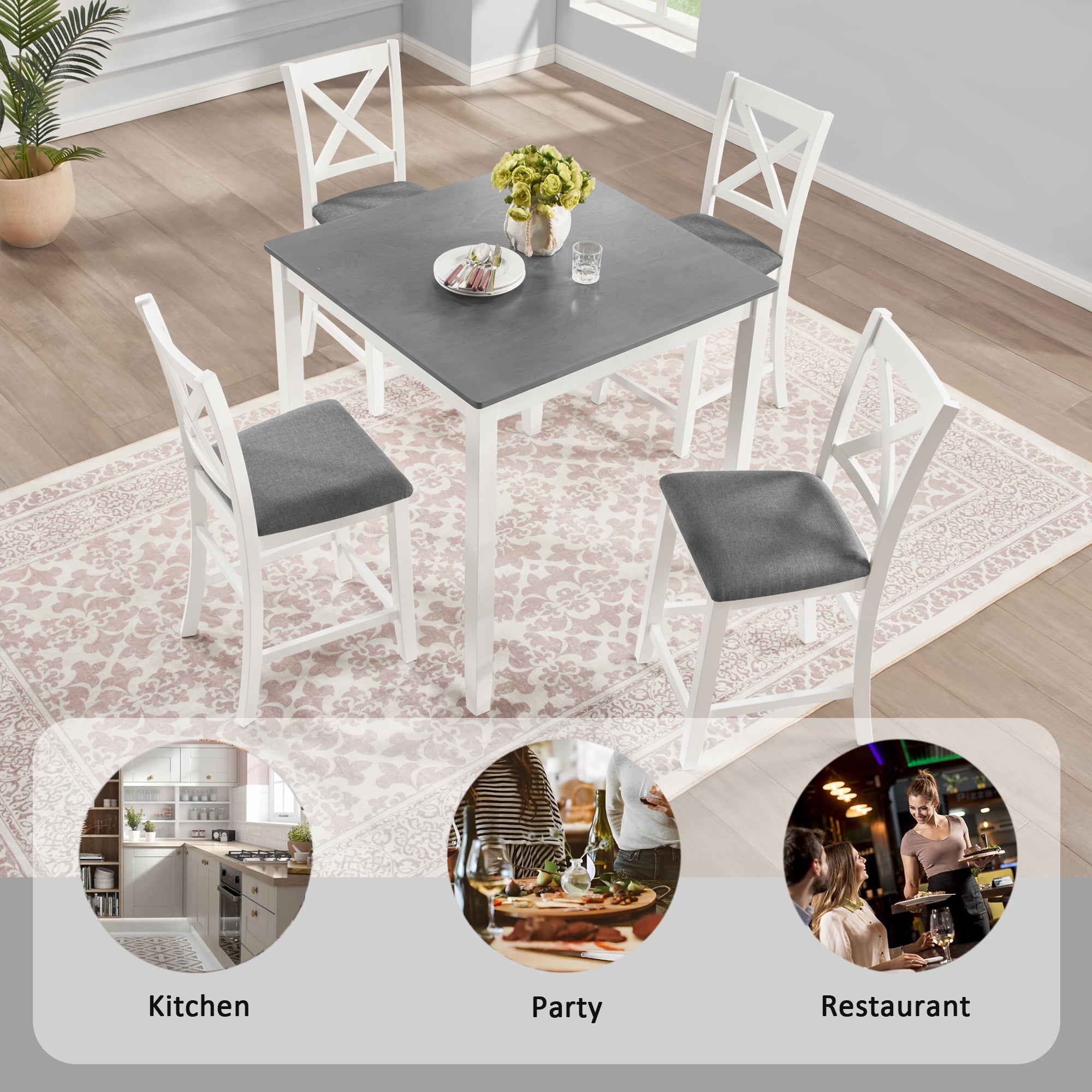 BSHTI 5-Piece Counter Height Dining Table Set – 34.5" Kitchen Square Table with 4 Chairs, X-Back Design, Linen Upholstery 4 Chair Dining Table Set, Solid Wood Frame（Grey+White）