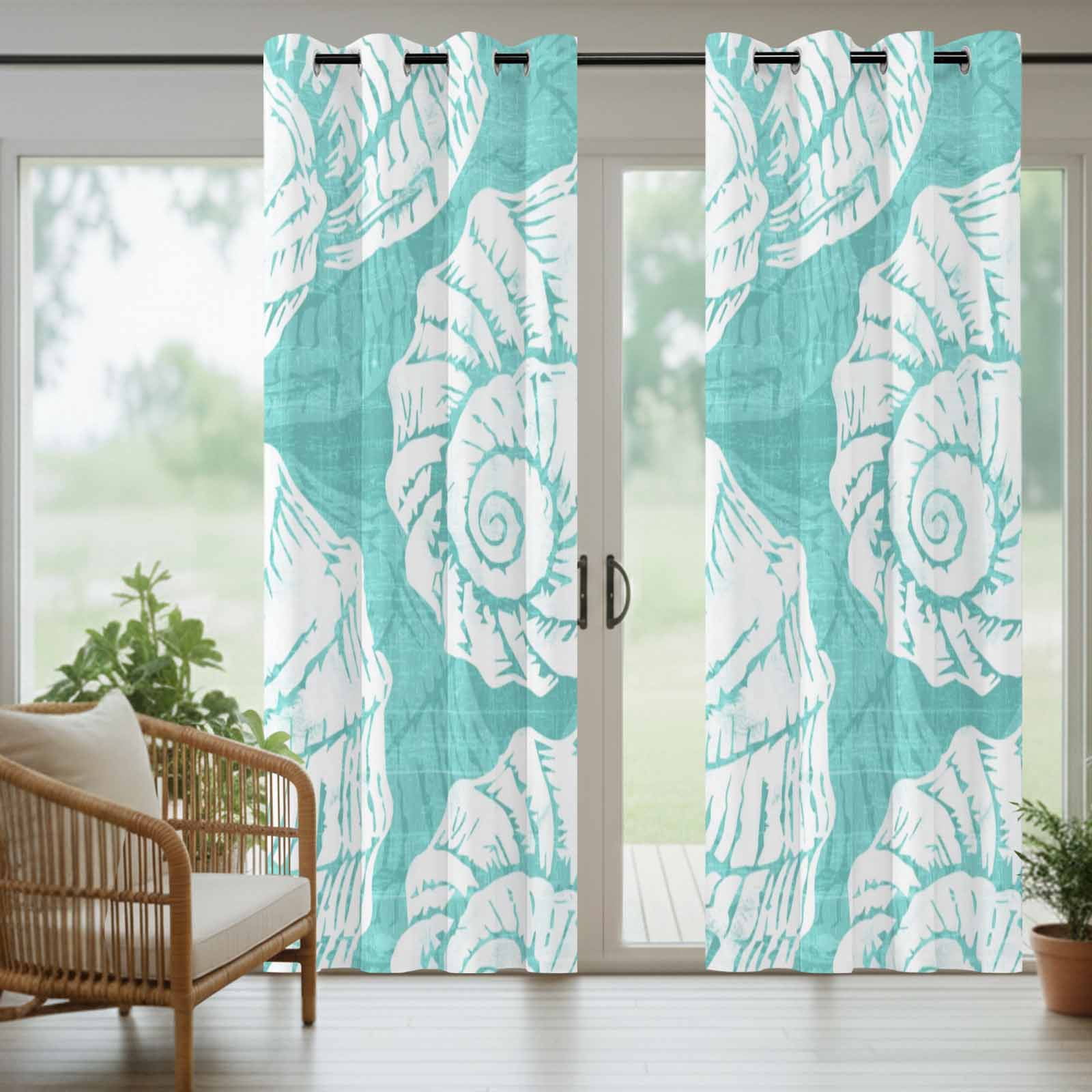 Aqua Conch Outdoor Curtains for Patio, Coastal Summer Ocean Beach Nautical Modern Sunshade Privacy Drapes Grommet Waterproof Outside Curtains for Porch/Cabana/Balcony 54"x 108", 1 Panel