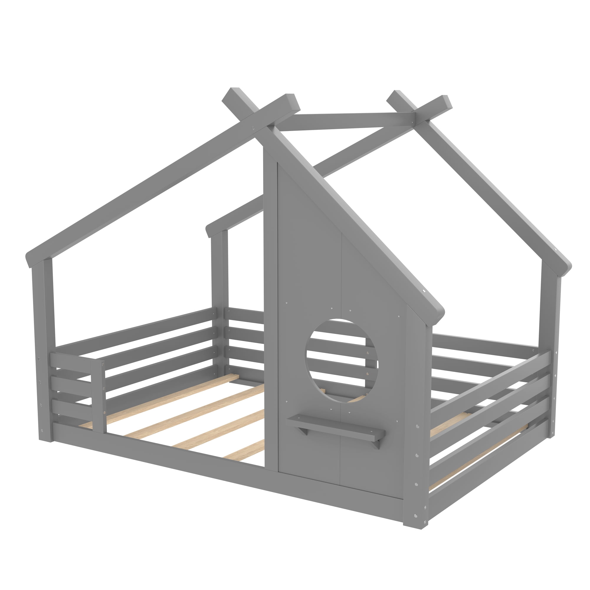 Jopath Full Size House Floor Bed with Window and a Small Shelf, Solid Wood Floor Bed with House-shaped Roof for Boys Girls Gray