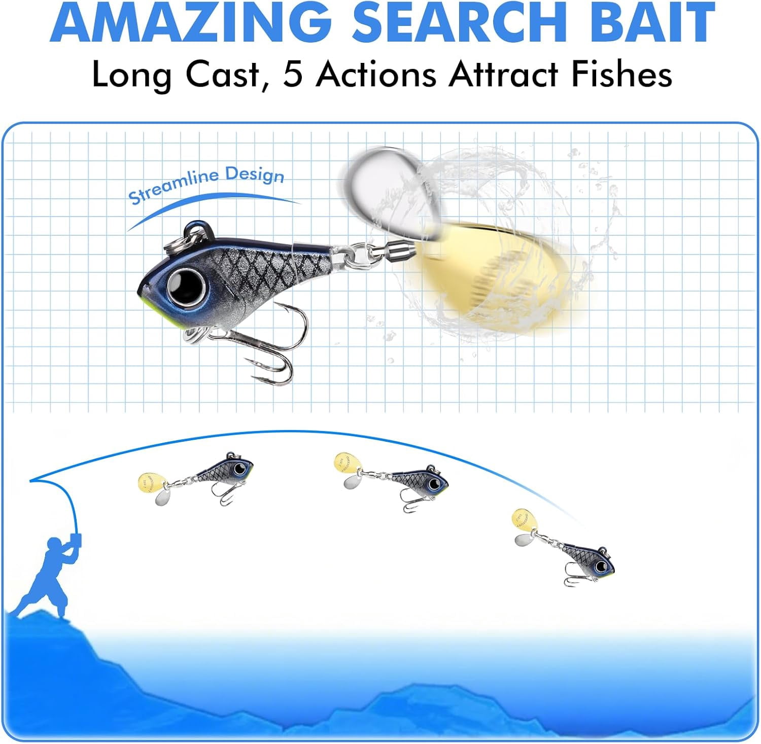 TRUSCEND Vibespinner Lures with BKK Hooks – Easy Catch: 4 Actions (Vibrate/Swim/Flash/Jig) for More Bites, Longer Cast Search Bait – Jigs for Bass, Crappie, Trout– Ideal for Family Fishing