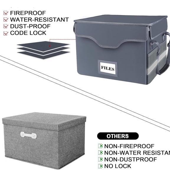 Fireproof Document Box with Lock,File Storage Organizer with Zipper Pockets,Collapsible Portable File Box Home Office Safe Filing Cabinet with Handle for Hanging Letter/Legal Folders,Gray