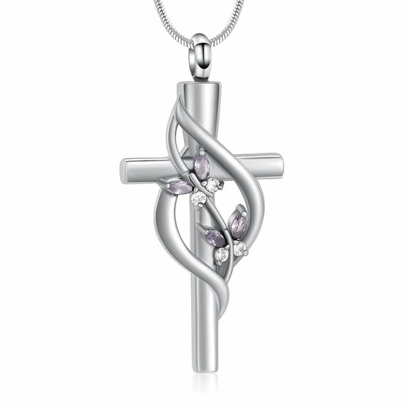 Butterfly Simulated Birthstone Urn Necklaces for Ashes Simulated Birthstone Cremation Jewelry for Ashes Cross Memorial Pendant Keepsake Ashes Necklaces for Women Men