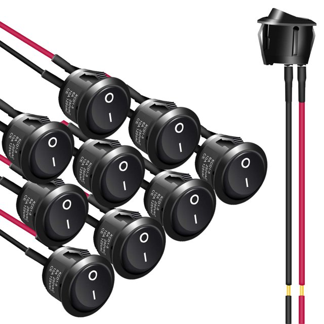 APIELE 10 interruptores basculantes de encendido y apagado KCD1 mini interruptor de palanca redondo SPST 2 pines diseño a presión para coche barco automotriz con cables precableados AC 6 A/250 V 10 A/