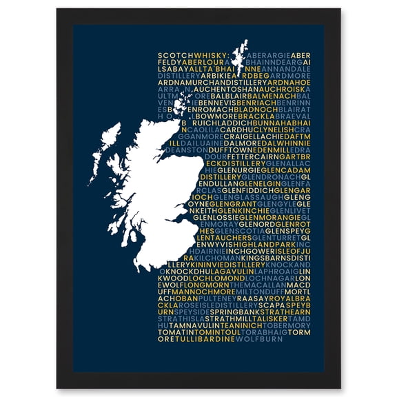 Scotch Whisky Distilleries Typography Map Artwork Framed Wall Art Print A4
