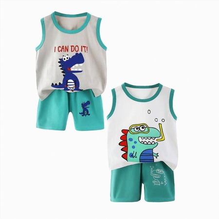 TOWED22 Toddler Boys 4 PCS Tank Top and Shorts Set Cotton Sleeveless Shirts and Shorts Summer Outfits(Light Green & Mint Green 4-5 Y)