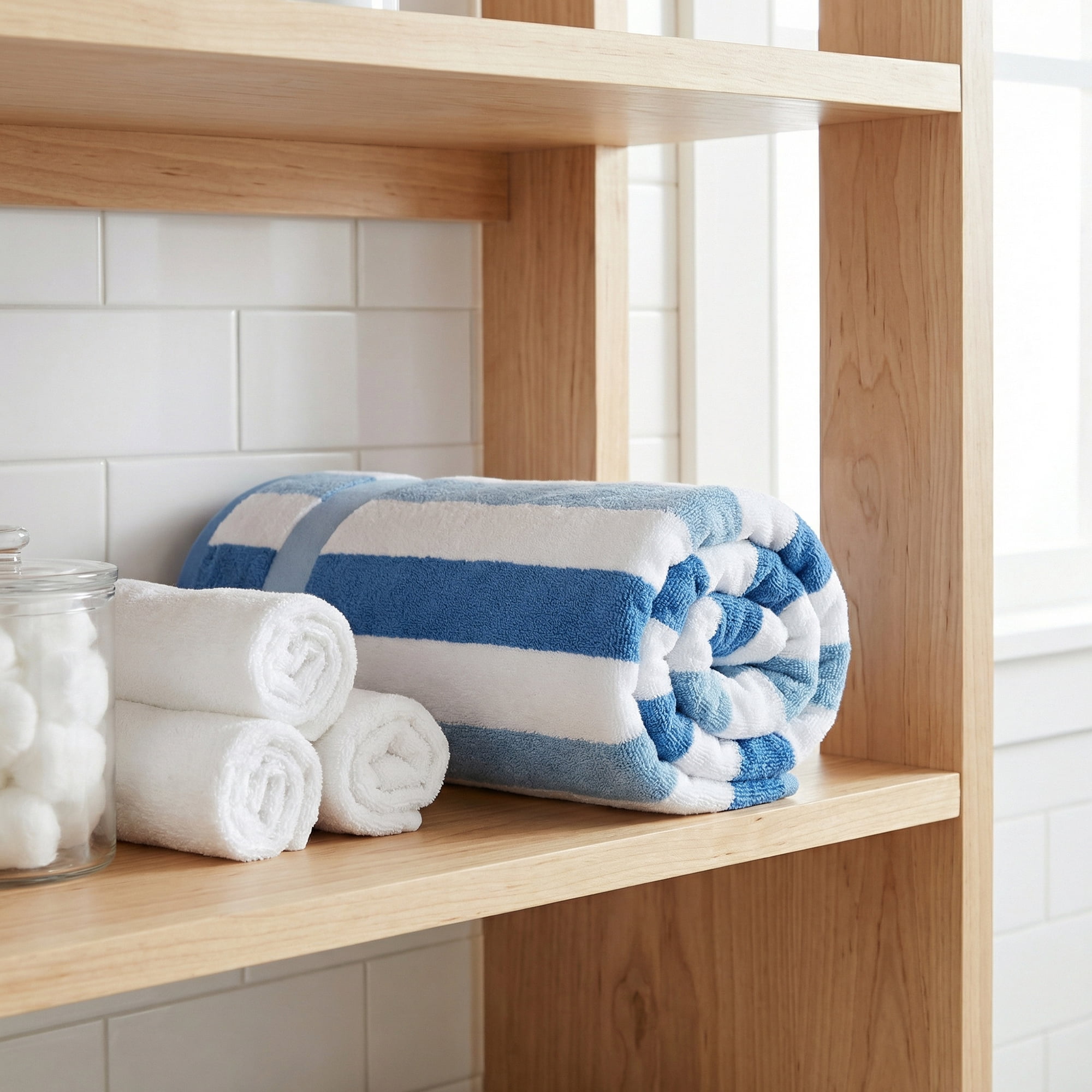 Unique Bargains Absorbent Stripe Ultra Soft Cotton Bath Towel Royal Blue 55" x 28"