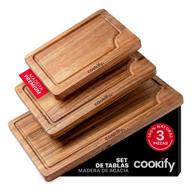 Set Tablas Para Cortar de Madera de Acacia Premium Cookify Juego de 3 Pzas Extra Gruesas con Canal Antiderrame