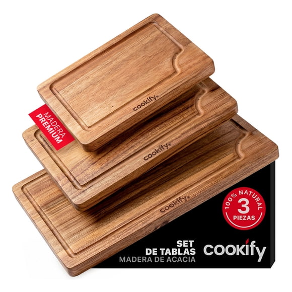 Set Tablas Para Cortar de Madera de Acacia Premium Cookify Juego de 3 Pzas Extra Gruesas con Canal Antiderrame