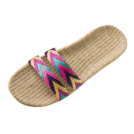 

JeashCHAT Boho Flax Summer Beach Slippers Open Toe Flat Slide Sandals House Slipper Non Slip Indoor Slippers