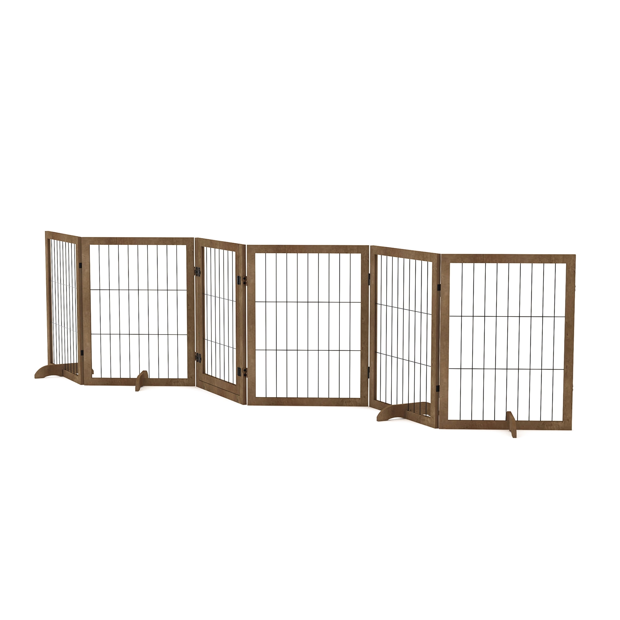Pefilos 144" Wide Folding Pet Gate, 32" Tall No-Assembly Wood Dog Gate with Door Walk Through, Freestanding Wire Pet Gate, Pet Puppy Safety Fence, Brown Pefilos 144" Wide Folding Pet Gate, 32" Tall No-Assembly Wood Dog Gate with Door Walk Through, Freestanding Wire Pet Gate, Pet Puppy Safety Fence, Brown