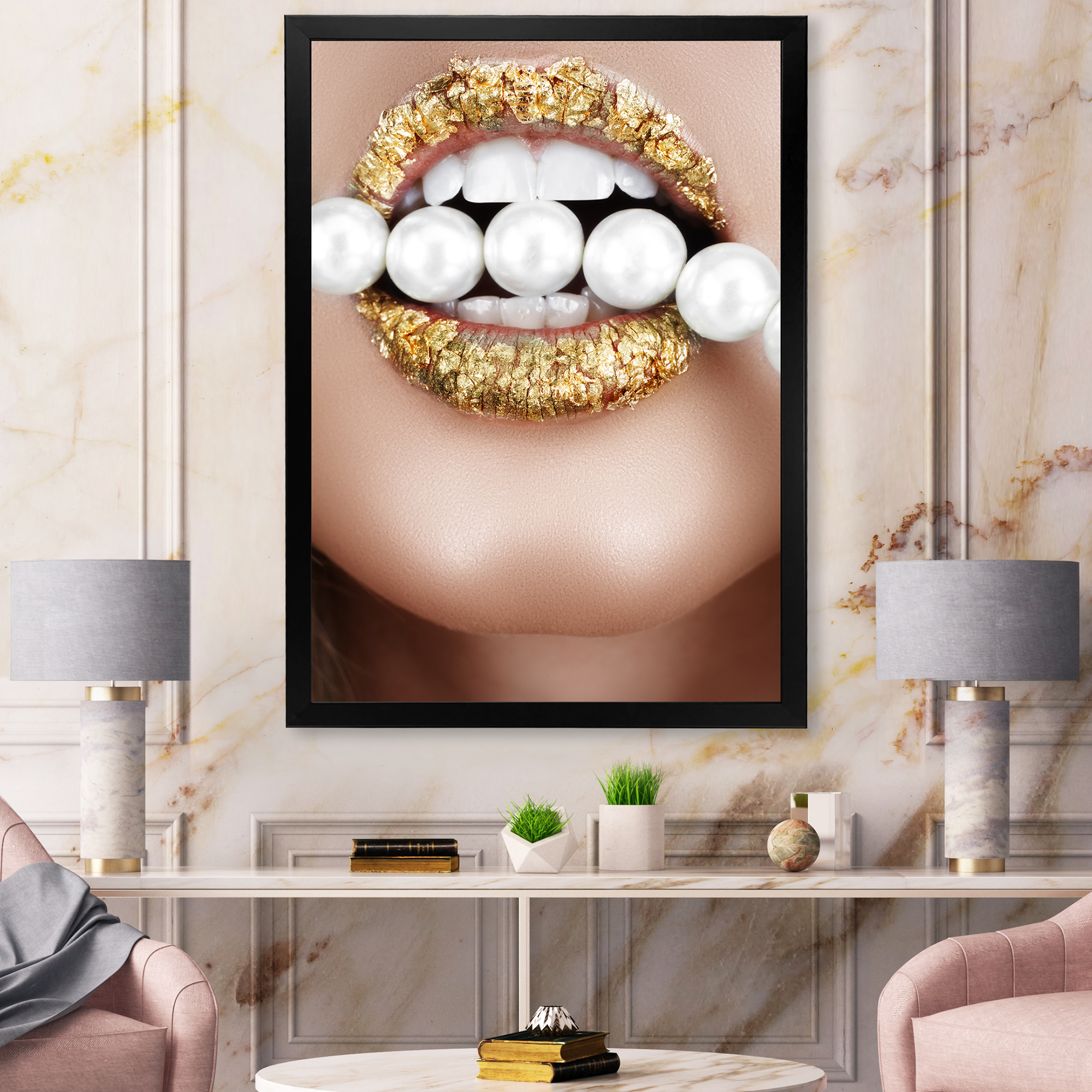 Designart 'Gold Leaf Lips Mouth With Pearls' Modern Framed Art Print