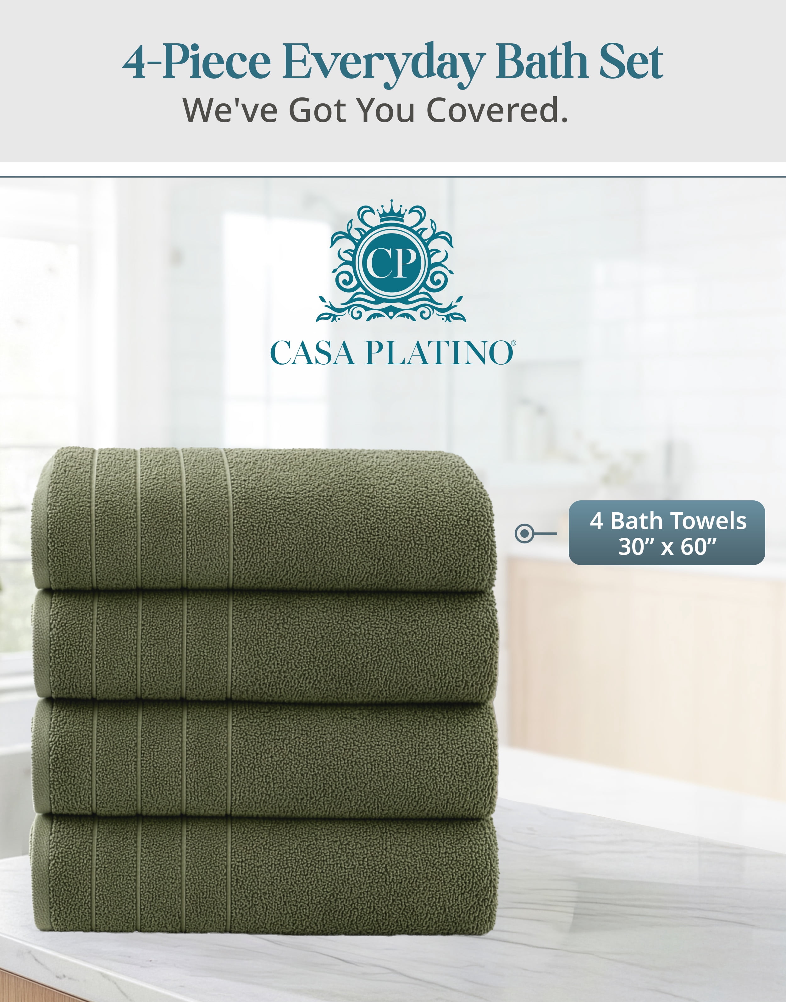Casa Platino Bath Towels Set - 4-Pack Soft & Absorbent 100% Cotton Towels for Home, Spa, Gym & Travel - Oil Green