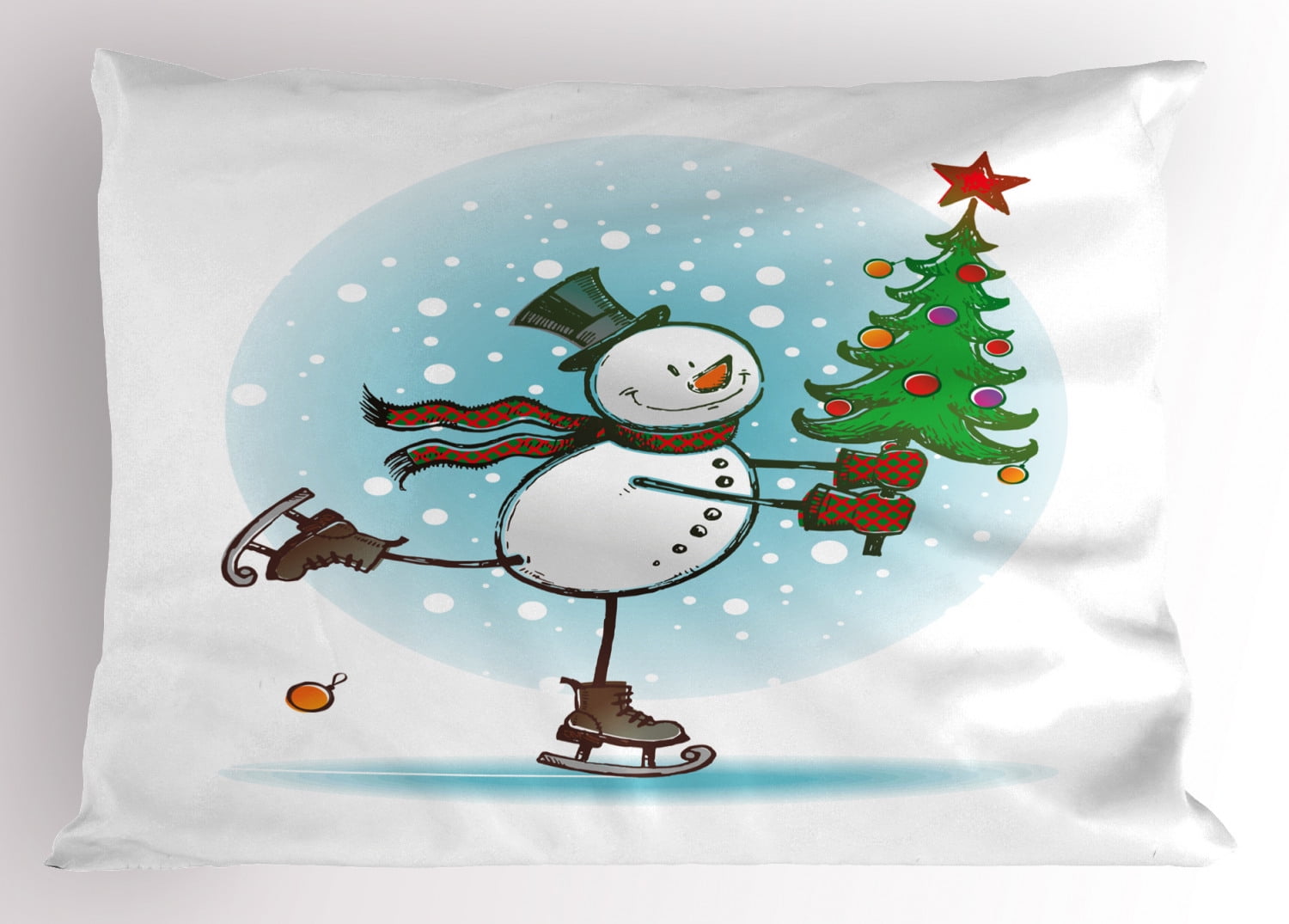 Snowman Pillow Sham Hand Drawn Style Skating Snowman with Christmas