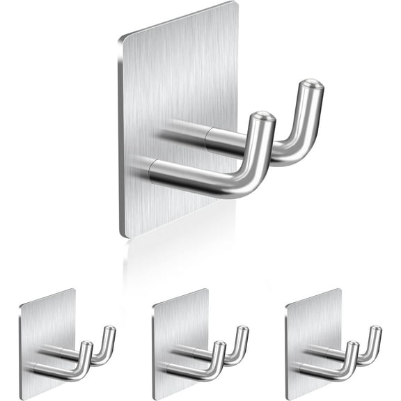 Adhesive Hooks Heavy Duty, Long Stainless Steel Self Adhesive Wall Hook, Sticky Towel Hangers for Kitchen Bathroom, Waterproof Stick on Door Hooks for Hanging Key Hat Coat 4Pack(Black)