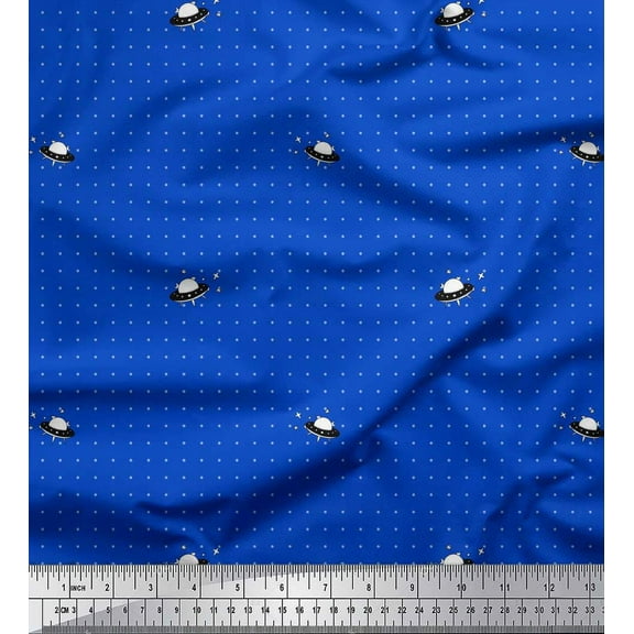 Soimoi Blue Cotton Voile Fabric Spaceship & Star Dots Fabric Prints By Yard 42 Inch Wide