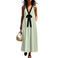 thumbnail image 2 of Women's Halter V-Neck Maxi Dress, Sleeveless High Waist Flowy Dress with Button Detail, Casual Cotton-Linen Look Sundress, Elegant Summer Dress for Beach Vacation and Evening Events Green S, 2 of 6