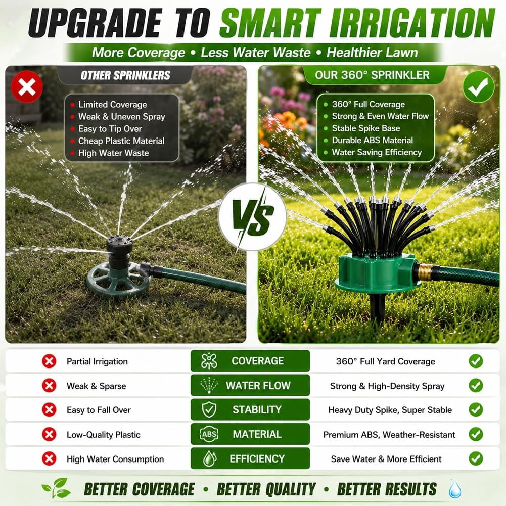 360° Coverage Precision Garden Irrigation Sprinkler, Rotating Water Saving Sprinkler with Spike Base