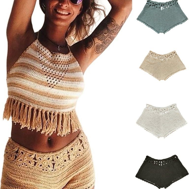 allshope Women s Swim Shorts Crochet Cutout Bathing Suit Bottoms Drawstring Beach Board Shorts Summer Swim Trunks Walmart