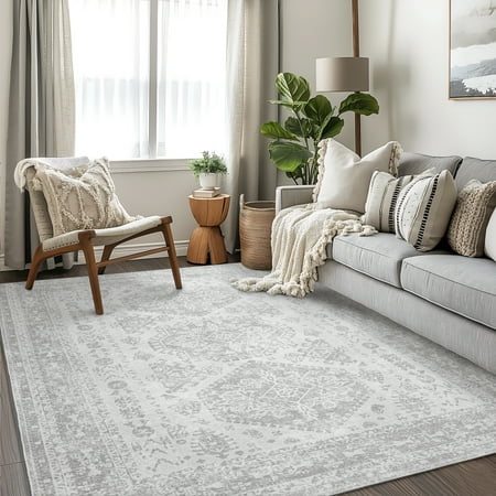 KUETH Area Rugs for Living Room 8x10 Machine Washable Bedroom Rugs Distressed Vintage Print Gray Large Throw Rug Dining Room Aesthetic, Non Slip Carpet with Gripper
