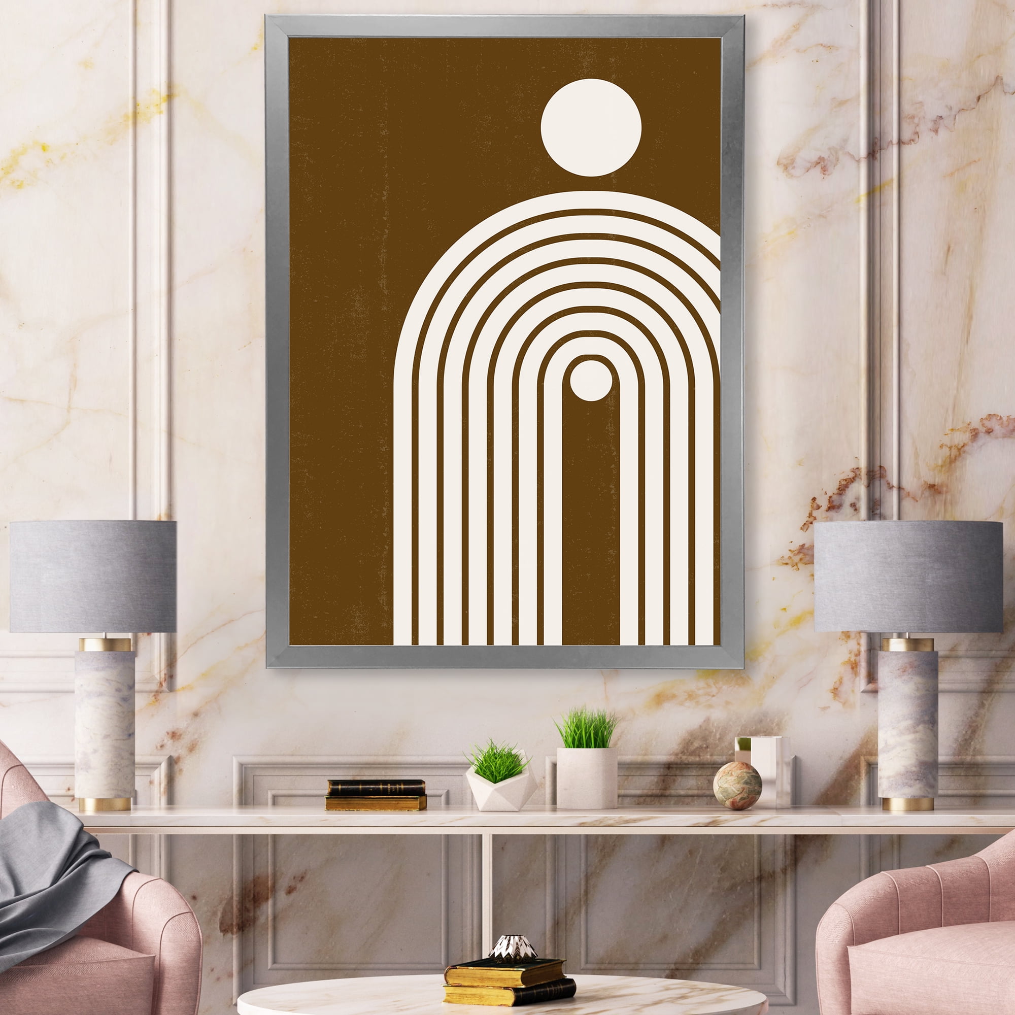 Designart 'Terracotta Minimalist Boho Rainbow With Sun' Modern Framed Art Print