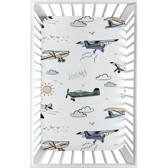 Sweet Jojo Designs Airplane Green and Blue Boy Mini Fitted Crib Sheet