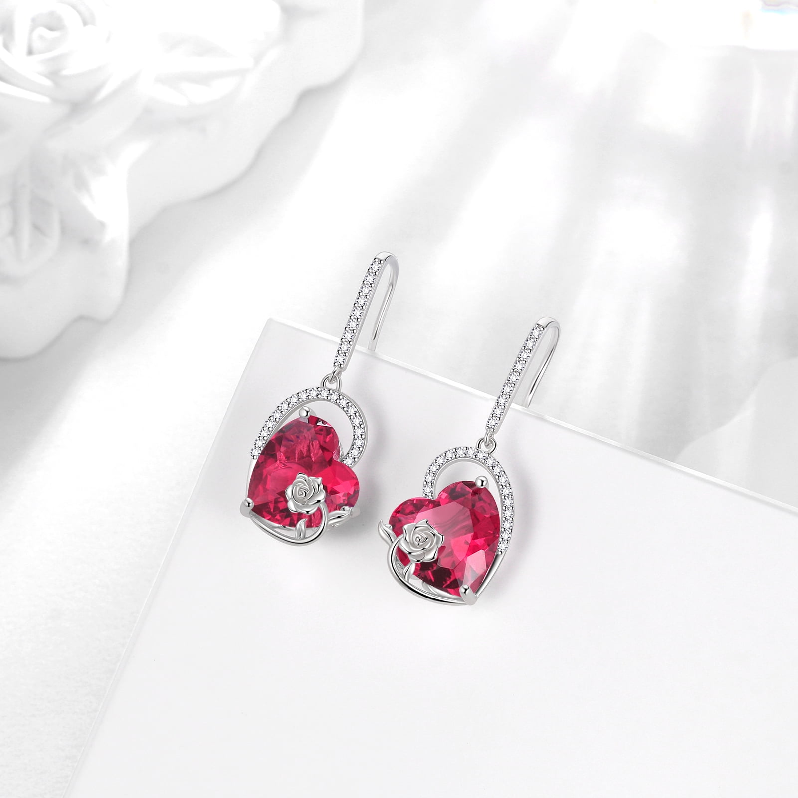 Juwaliy 925 Sterling Silver Earrings Women Heart July Birthstone Hook Dangle Earrings Ruby Red Rose Jewelry Mother Christmas Valentine's Day Gift