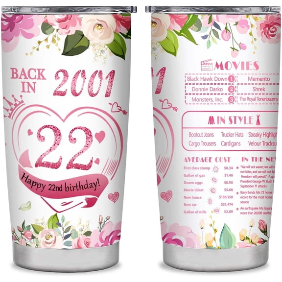 Back in 2001 Birthday Tumbler, 22nd Birthday Gifts for Her, Best 22 Year Old Birthday Gifts for Women, 22nd Birthday Gifts for Female Daughter Bestie Friend, 20oz Stainless Steel Tumbler