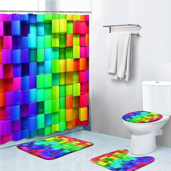 4 Piece Shower Curtain Sets, with 12 Hooks, Rainbow Colorful Boxes Cube Random with Non-Slip Rugs, Toilet Lid Cover and Bath Mat for Bathroom Decor Set, 72" x 72"