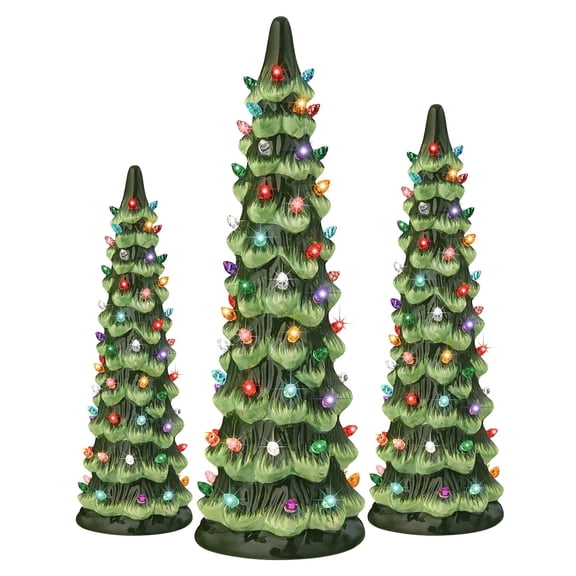 3Pcs Ceramic Lighted Christmas Tree Figurines, Vintage Tabletop Christmas Tree, Retro Illuminated Tree Statue, Ceramic Tree Decor, Battery Operated Centerpiece, Mini Xmas Tree Ornaments for Mantel