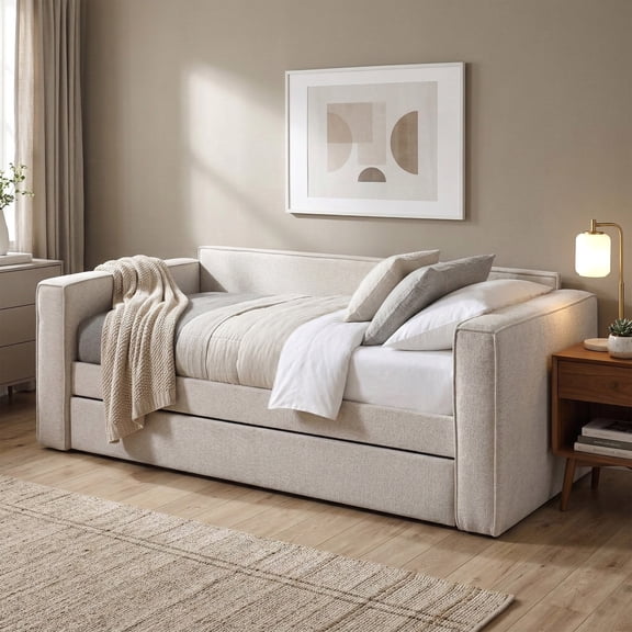Furniture of America Hearth Fully Fabric Upholstered Square Arm Twin Daybed with Trundle, Pearl White