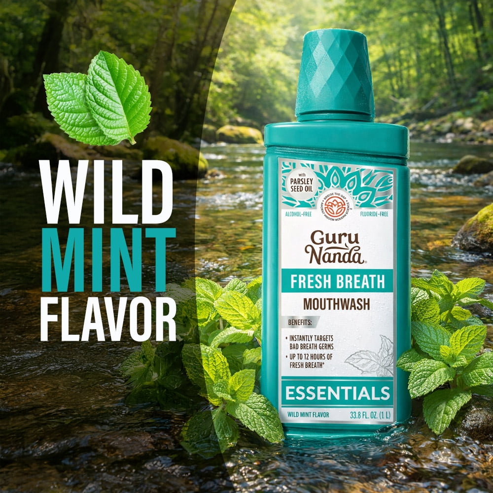 (3 pack) GuruNanda Fresh Breath Mouthwash, Wild Mint, 1 L