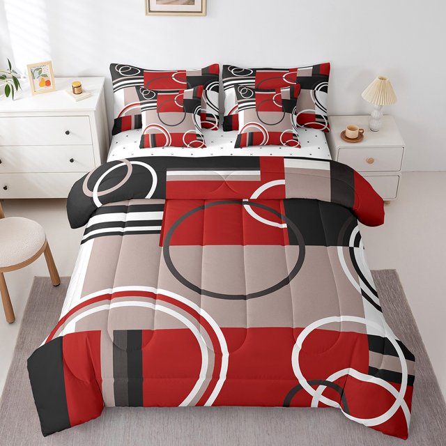 YST Ensemble de Literie Moderne Rouge Gris Noir Rayures 7 Pcs Ensemble de Couette Géométrique Taille Simple Cercles Rétro Tourbillons Décoration de Chambre Texture Abstraite Moderne Art Coloré Drap Plat