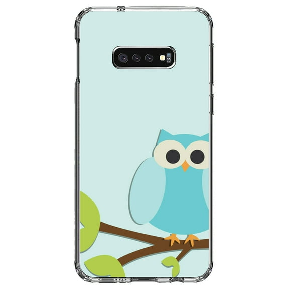 DistinctInk Clear Shockproof Hybrid Case for Samsung Galaxy S10e (5.8" Screen) - TPU Bumper, Acrylic Back, Tempered Glass Screen Protector - Blue Owl Cartoon - Cartoon Owls