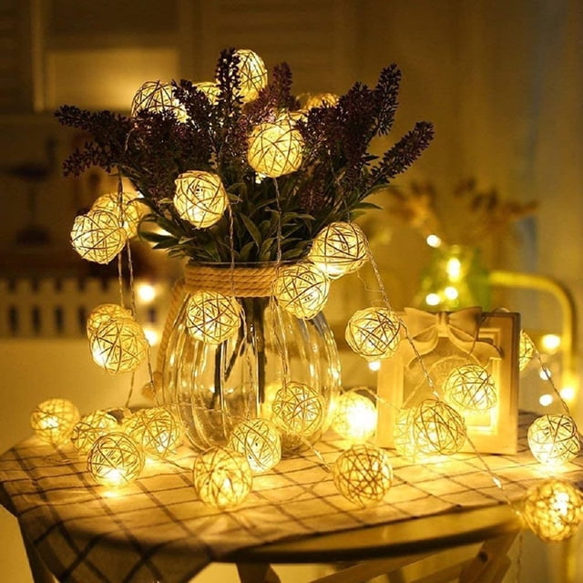 5m 40 LED Bola de ratán Luces de hadas Funciona con pilas Decoración de fiesta en el jardín del hogar interior, Blanco cálido