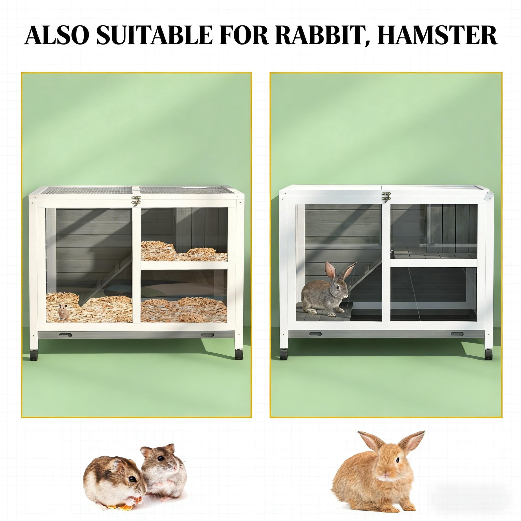Bunny Cage with Wheels, Small Rabbit Hutch Spacious Pet House