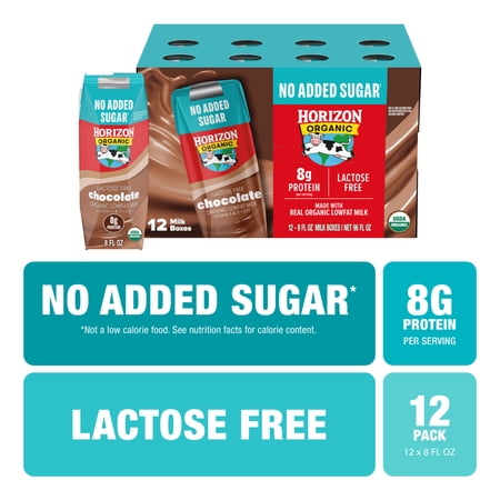 Horizon Organic Shelf Stable Lactose Free No Added Sugar 1% Lowfat Chocolate Milk Boxes, 8 fl oz, 12 Count