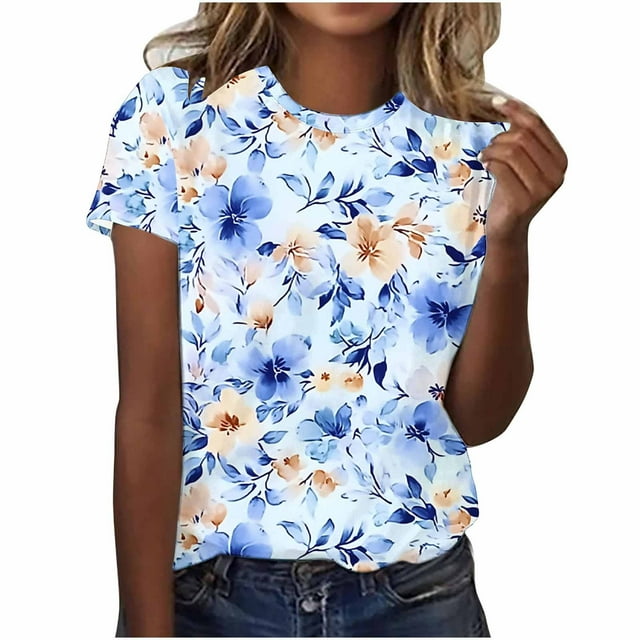 Pisexur Hauts pour Femmes Blouses Décontractées Mode Été Imprimé Manches Courtes Col Rond, Multicolore, 2TG