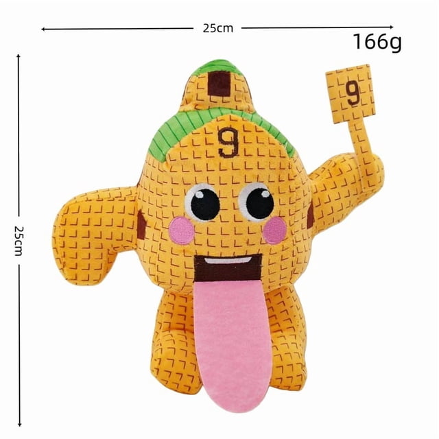 Yellow Grid Character Plush Toy with Tongue and Number 9 Sign, 9.8" Soft Stuffed Figure for Kids & Fans
