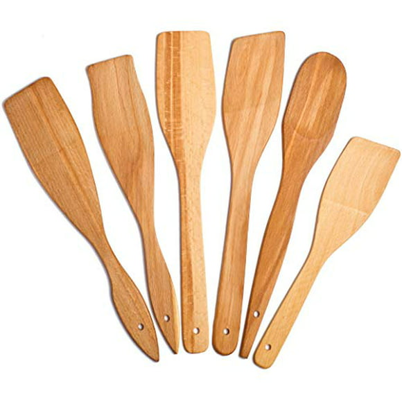ECOSALL 6 Wooden Spoons for Cooking – European 100% Natural Healthy Nonstick Wooden Spatula and Spoons - Premium Solid Wood Cooking Utensils Set - Strong, Durable Eco Hardwood Beechwood Spoo