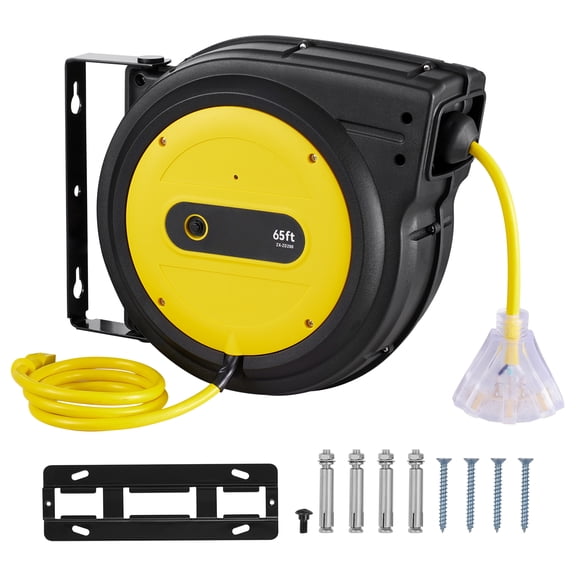 KFFKFF 65 FT Retractable Power Cord Reel, Durable 12AWG/3C SJTOW Cable with Illuminated Triple Outlet, 15 Amp Breaker, 180° Pivot Bracket for Wall or Ceiling Installation