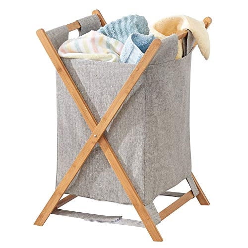 mDesign Bamboo Wood Laundry Hamper Sorter Cart, Portable and