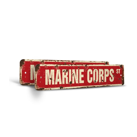 MARINE CORPS Vintage Style Rustic Street Sign – (2 Pack) Usmc Soldier Military Service Military Retro Decorative Wall Sign for Home, Bar, Garage, or Outdoor Use | 4" X 18" Aluminum
