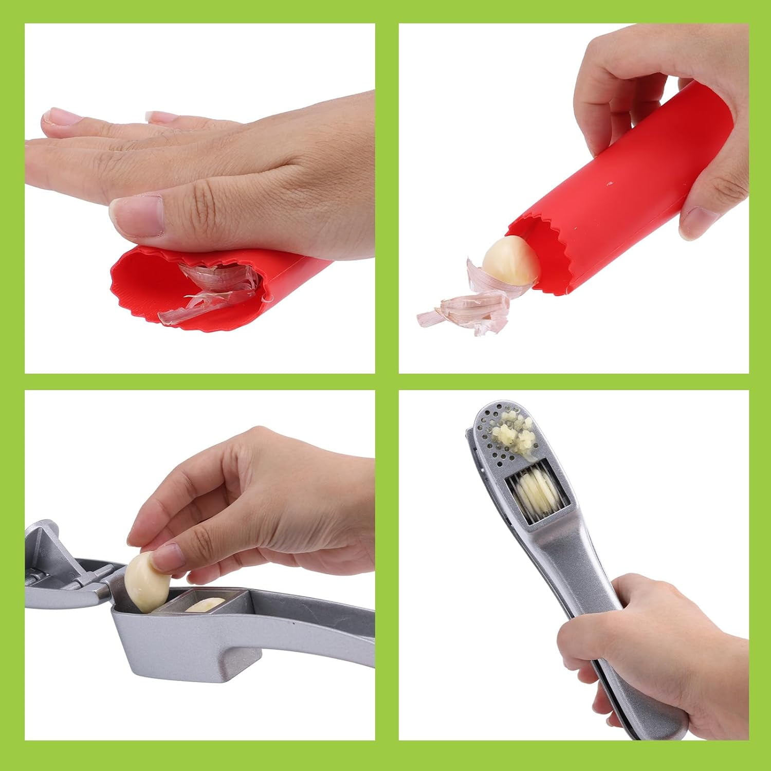 CATPAN Garlic Press and Peeler Set - Silicone Garlic Peeler Tube Roller and Aluminium Garlic Press with Built-In Cleaning Tool Garlic Crusher, Mincer & Peeler for Unpeeled Garlic Cloves