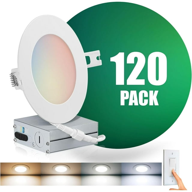 QPLUS 4Inch LED Recessed Slim Pot Light with Junction Box, 10W (=75W), 750 Lumens, Dimmable, IC Rated, ETL, Energy Star (4CS, 120 Pack)