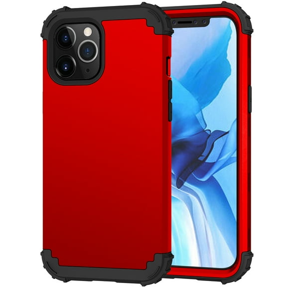 iPhone 12 /iPhone 12 Pro 6.1" Case with Screen Protector, Allytech 3 In 1 Hybrid PC Silicone Heavy Duty Rugged Bumper Defender Armor Shockproof Anti-Scratch Back Cover for Apple iPhone 12 6.1",Red